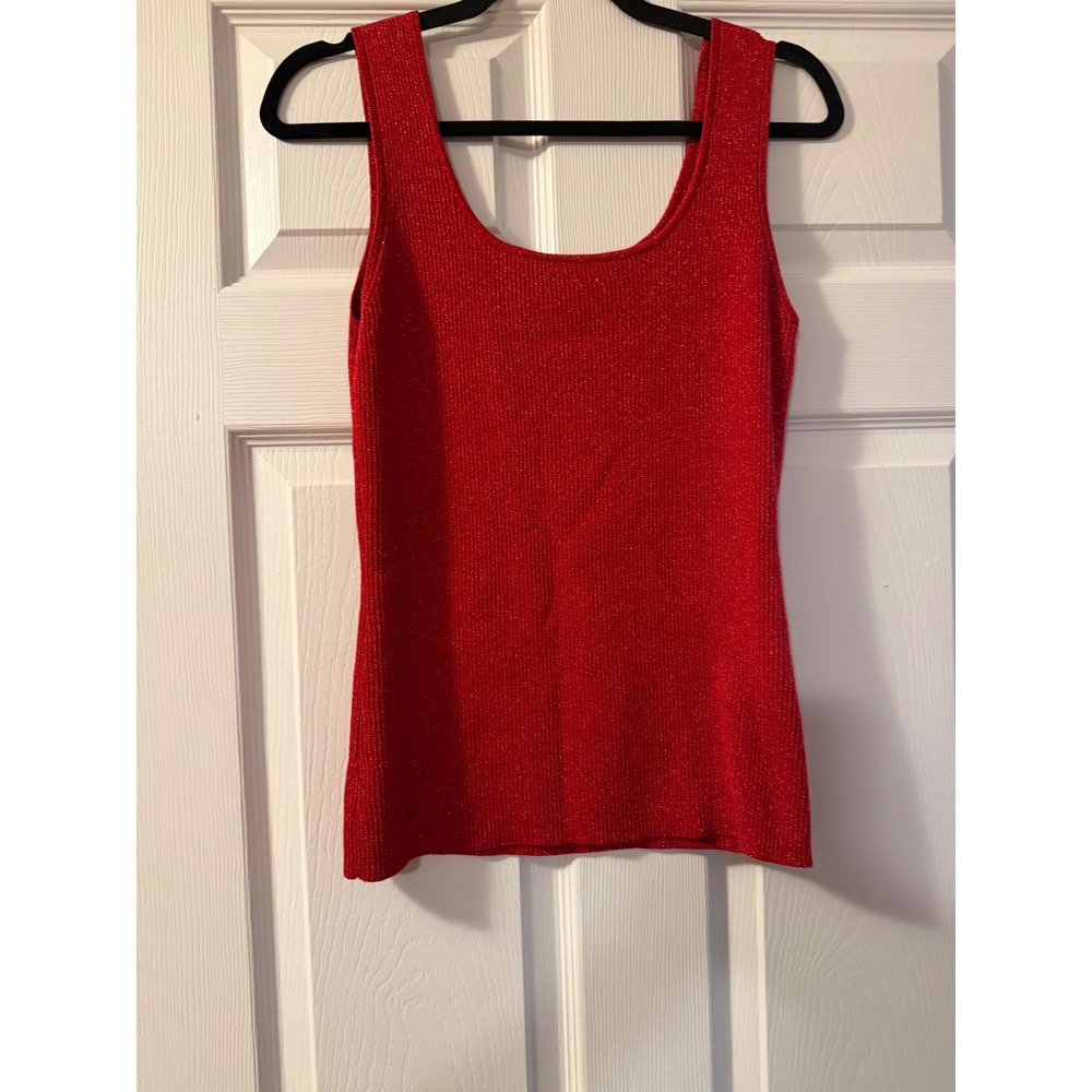 Belldini Red Shimmer Silk Blend Knit Tank Top Metallic Lurex Scoop Neck Large